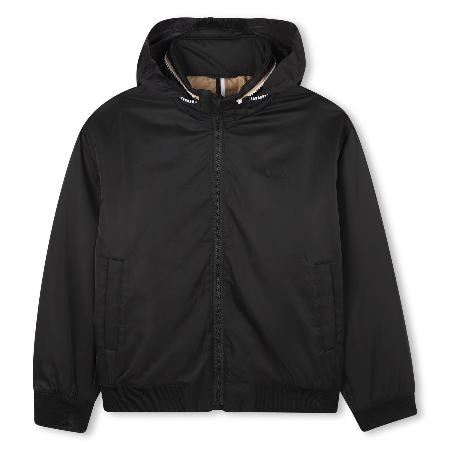 Polyester Jacket with Stand-Up Collar, Hidden Hood and Logo Print