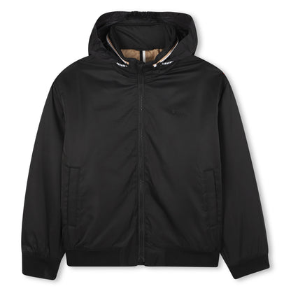 Polyester Jacket with Stand-Up Collar, Hidden Hood and Logo Print