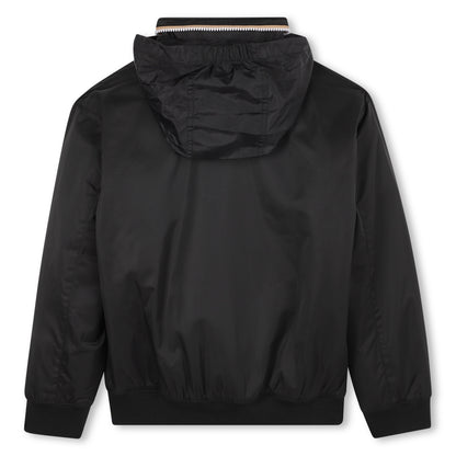 Polyester Jacket with Stand-Up Collar, Hidden Hood and Logo Print