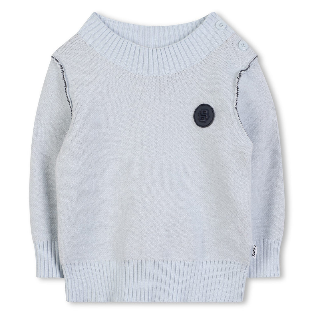 Pale Blue Knitted Jumper with Contrast Stitch Detail and Logo Badge