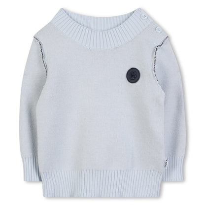 Pale Blue Knitted Jumper with Contrast Stitch Detail and Logo Badge