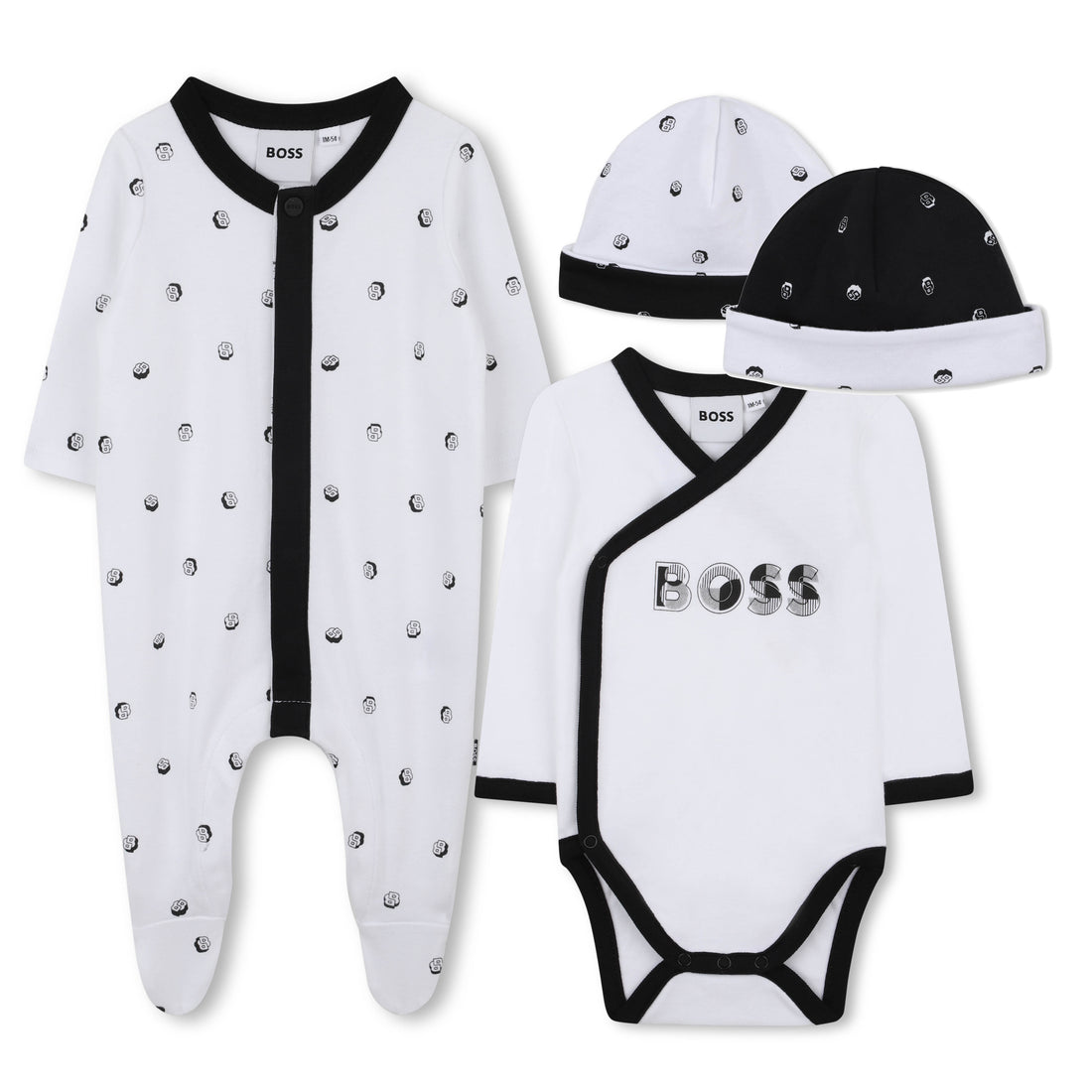 White and Black Cotton Newborn Gift Set with Babygrow, Bodysuit and Two Hats