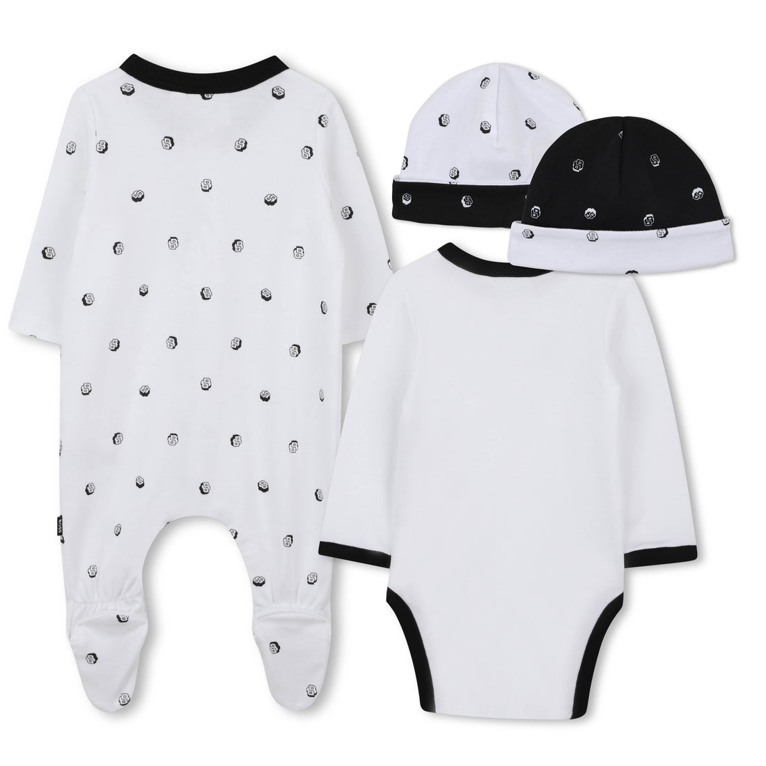 White and Black Cotton Newborn Gift Set with Babygrow, Bodysuit and Two Hats