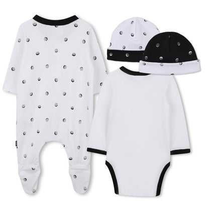 White and Black Cotton Newborn Gift Set with Babygrow, Bodysuit and Two Hats