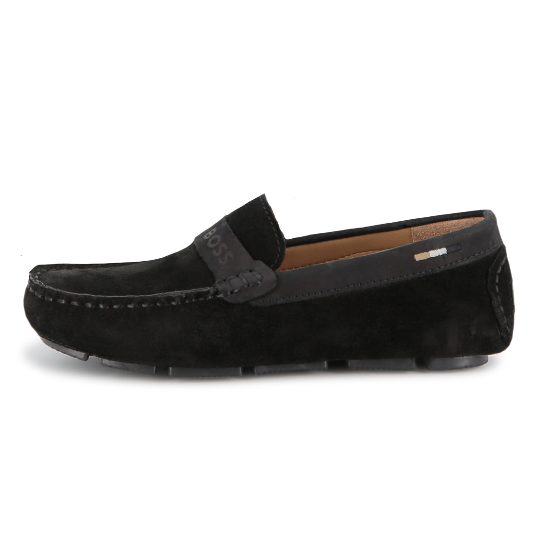 Suede Leather Loafers with Embossed Logo and Tricolour Stripe Embroidery
