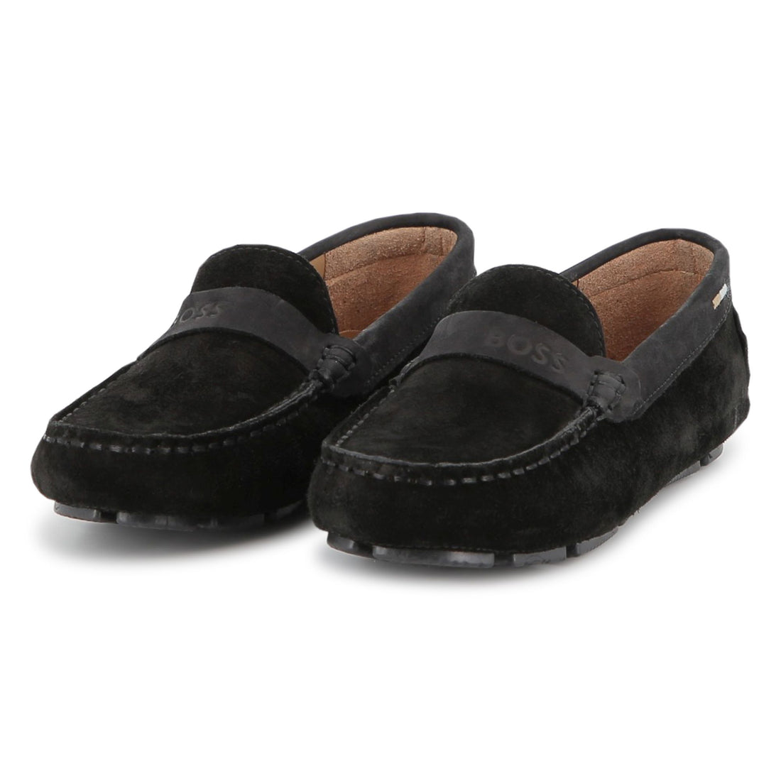 Suede Leather Loafers with Embossed Logo and Tricolour Stripe Embroidery