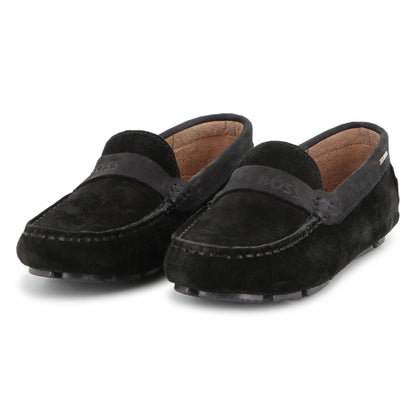 Suede Leather Loafers with Embossed Logo and Tricolour Stripe Embroidery