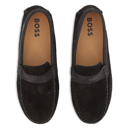 Suede Leather Loafers with Embossed Logo and Tricolour Stripe Embroidery