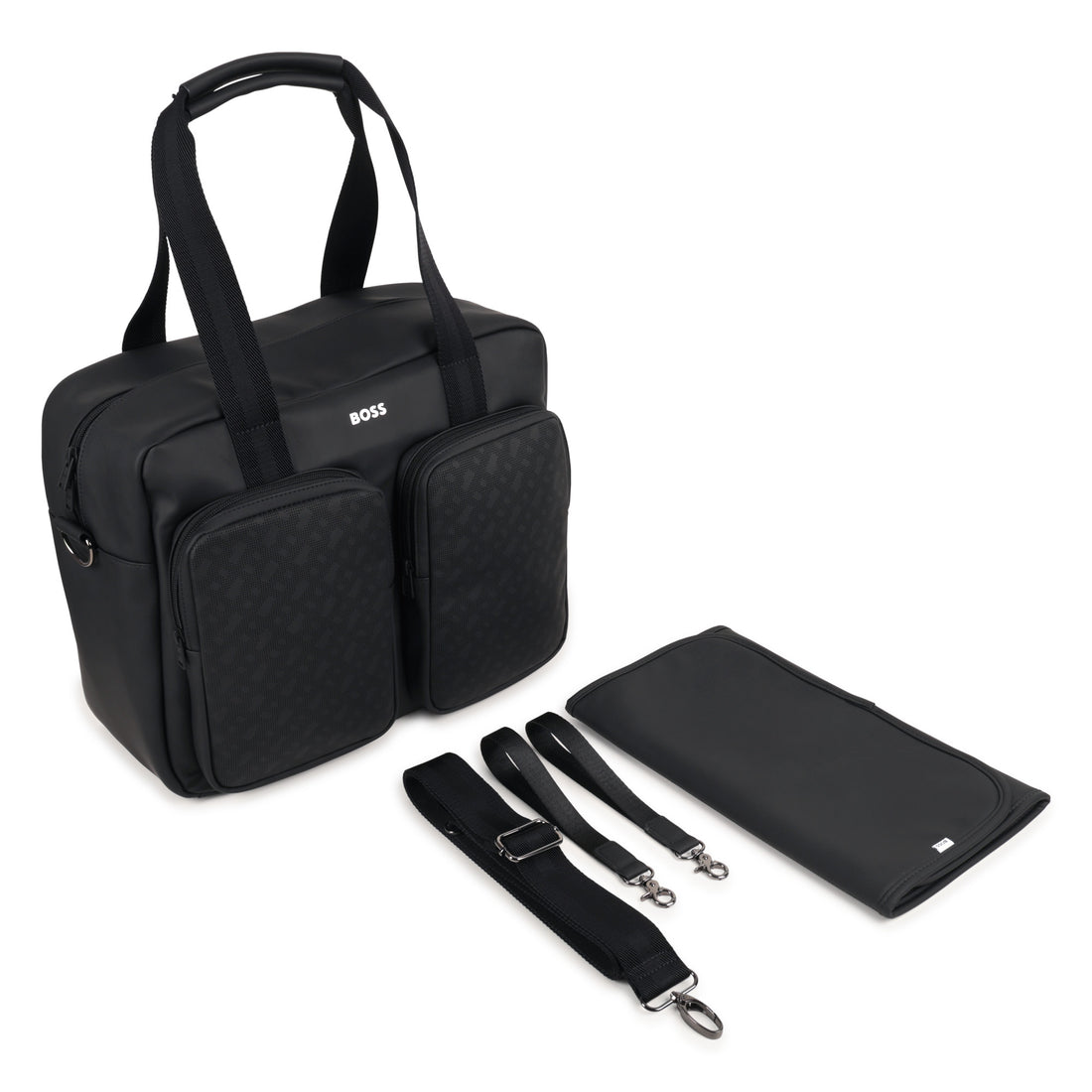 Coated Fabric Changing Bag with Monogram Perforations and Jacquard Handles