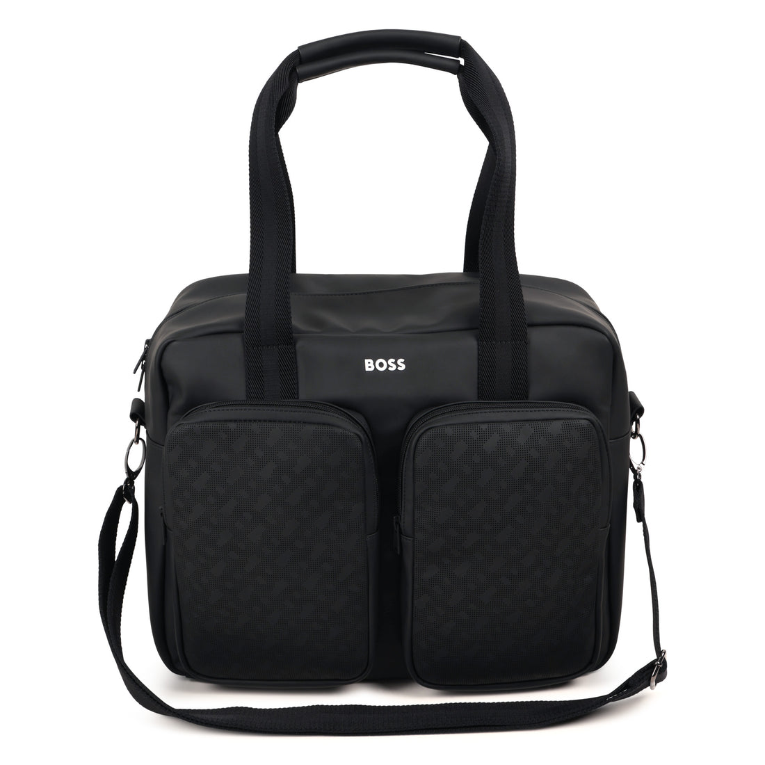 Coated Fabric Changing Bag with Monogram Perforations and Jacquard Handles