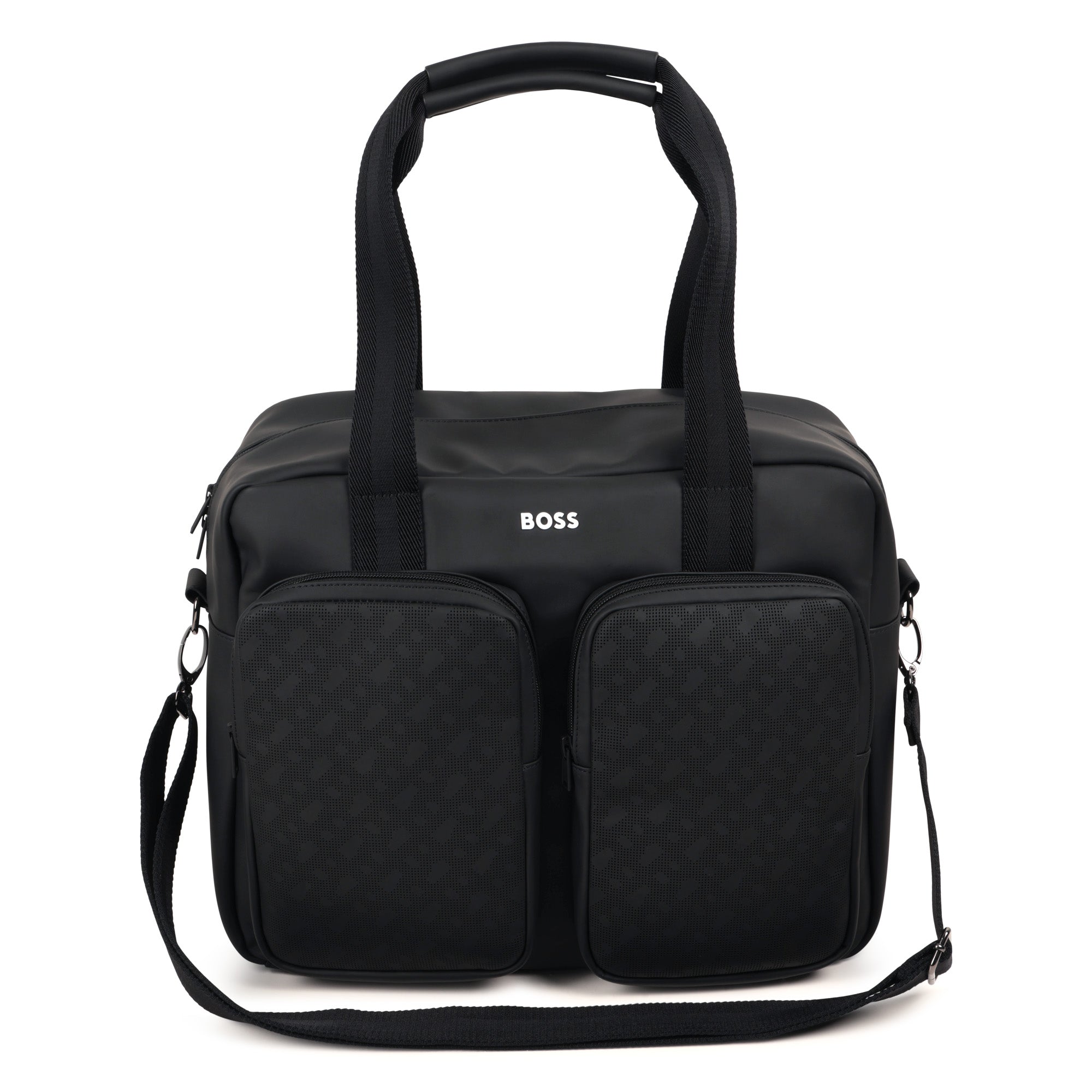 Coated Fabric Changing Bag with Monogram Perforations and Jacquard Handles