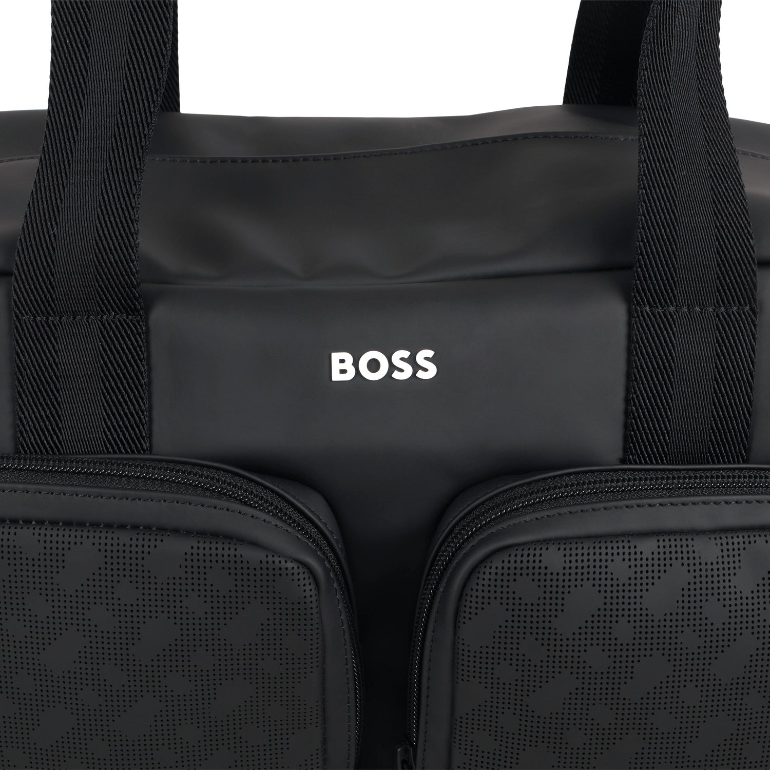 Coated Fabric Changing Bag with Monogram Perforations and Jacquard Handles