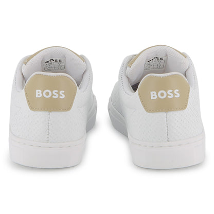 Boys Monogram Embossed Leather Sneakers in White Hugo Boss