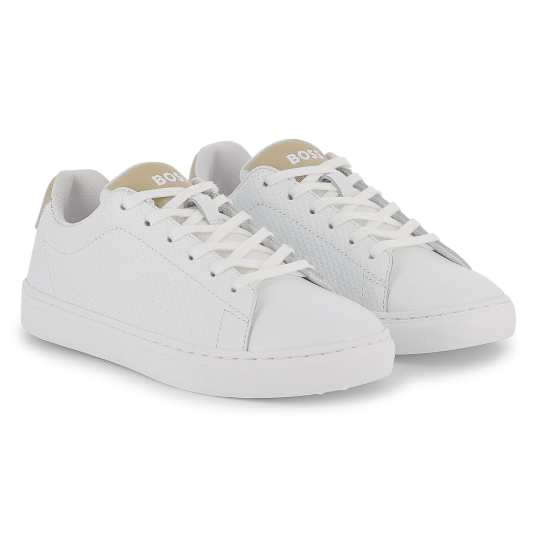 Boys Monogram Embossed Leather Sneakers in White Hugo Boss