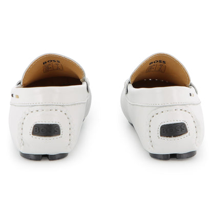 Boys Leather Loafers with Embossed Logo in White Hugo Boss