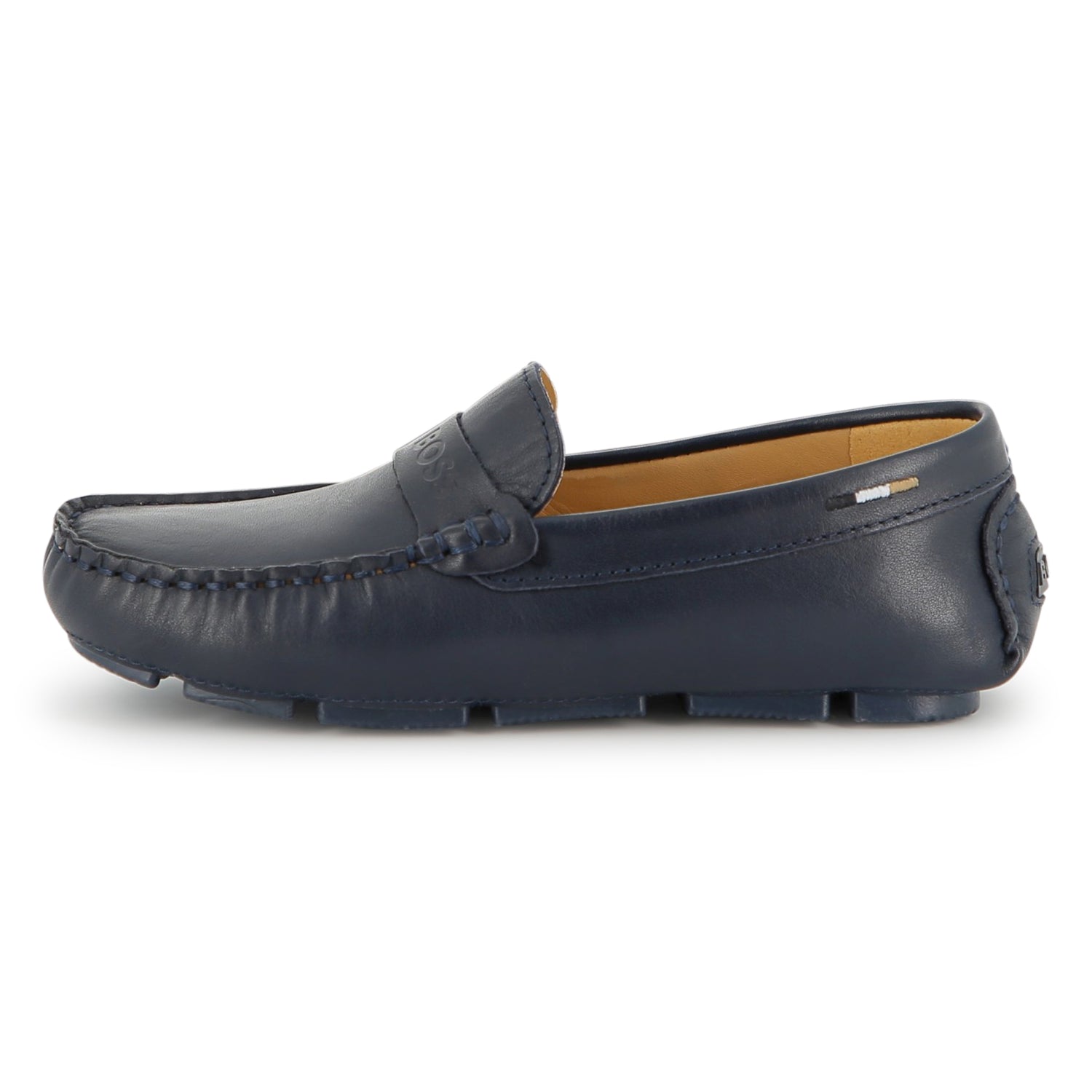 Boys Leather Loafers with Embossed Logo in Navy Hugo Boss