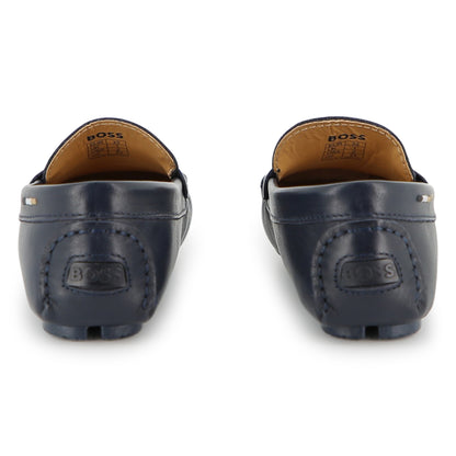 Boys Leather Loafers with Embossed Logo in Navy Hugo Boss