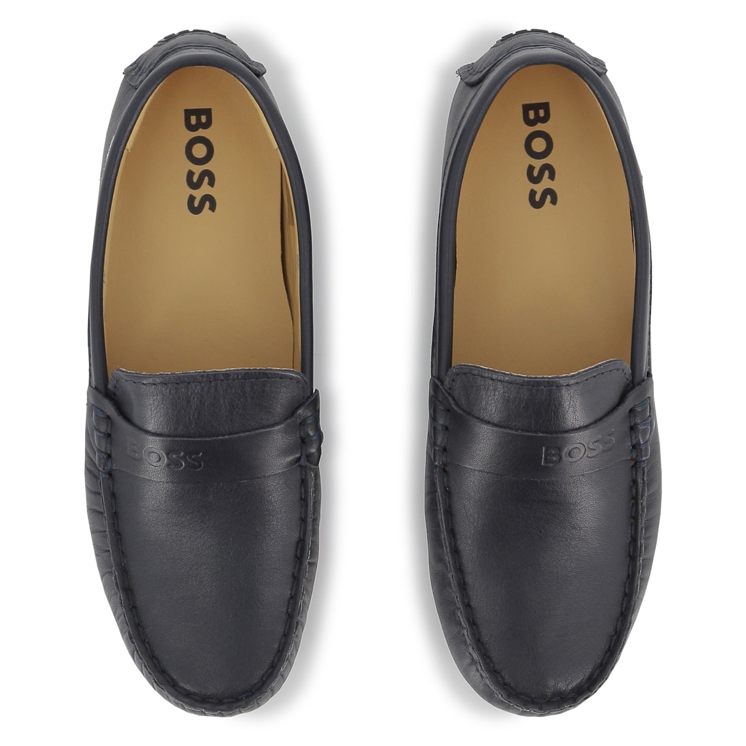 Boys Leather Loafers with Embossed Logo in Navy Hugo Boss