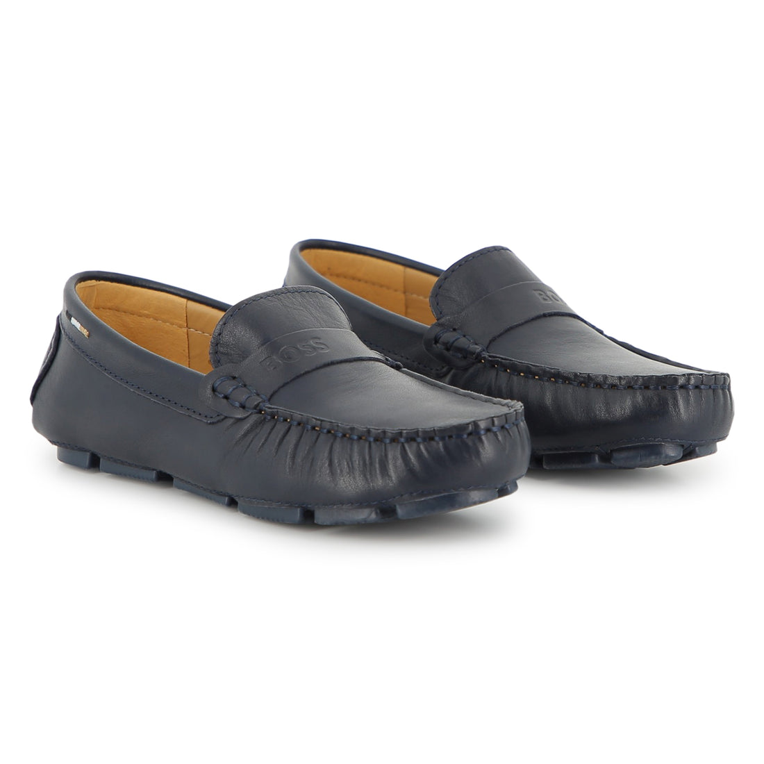 Boys Leather Loafers with Embossed Logo in Navy Hugo Boss