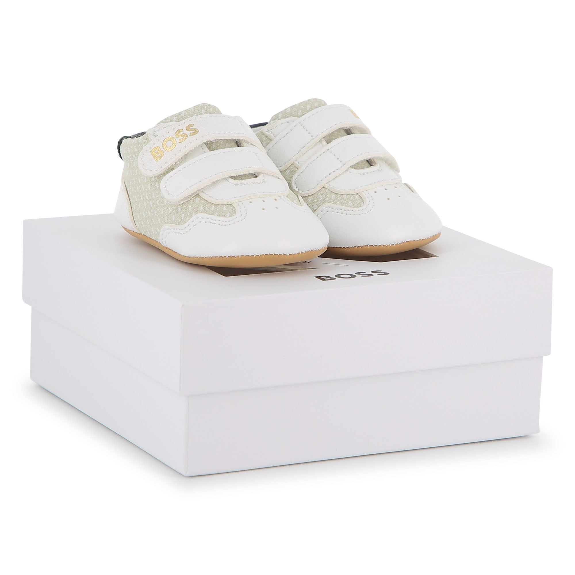 Baby Soft Slippers in White and Sage Hugo Boss