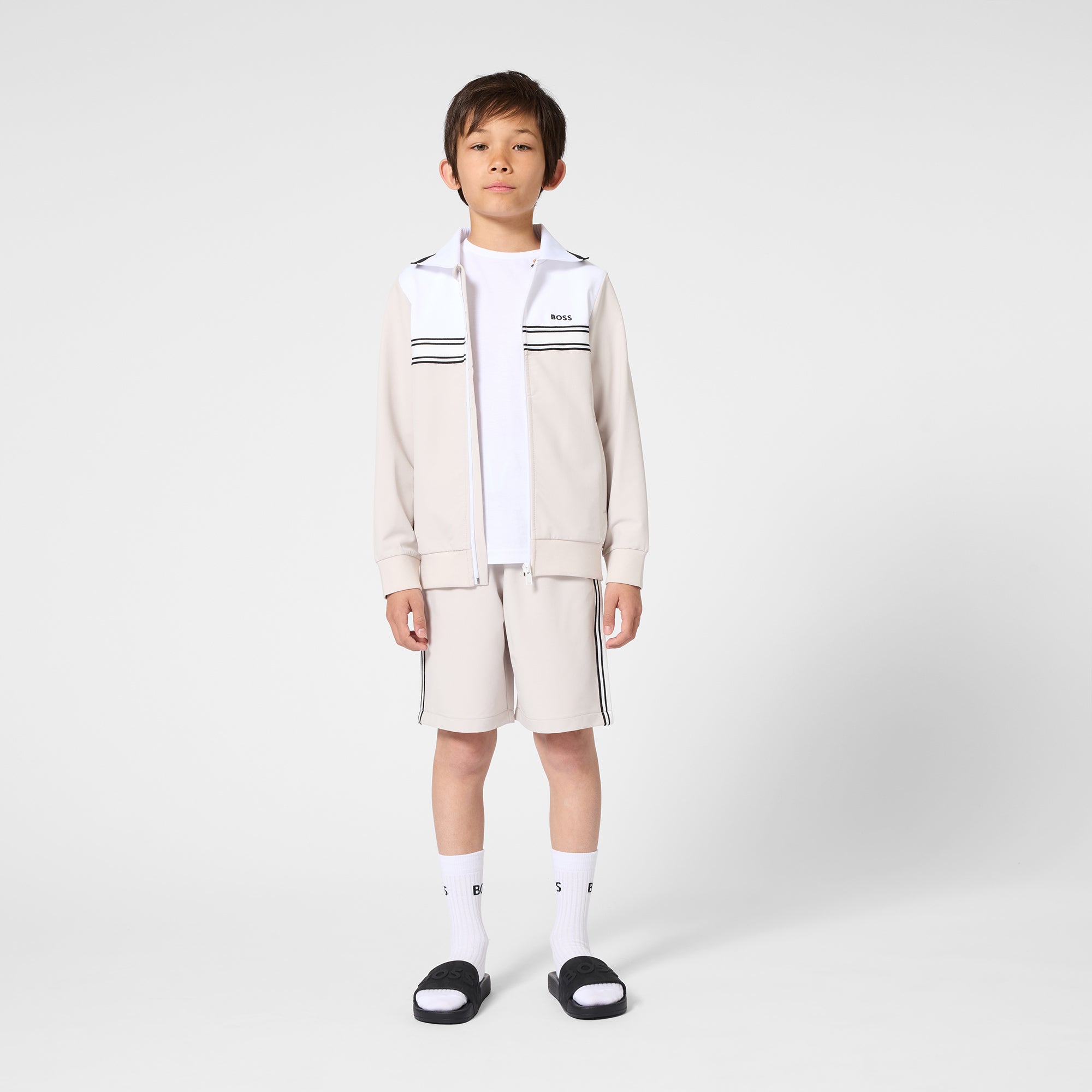 Boys Side-Stripe Stretchy Bermuda Shorts in Stone Hugo Boss