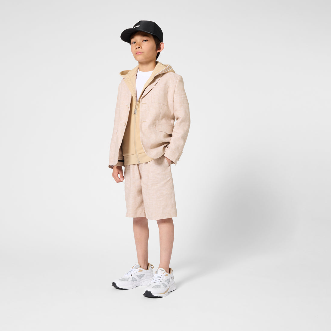 Boys Piqué Hooded Cardigan in Beige Hugo Boss