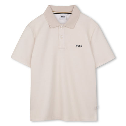 Boys Monogrammed Cotton Interlock Polo Shirt in Stone Hugo Boss