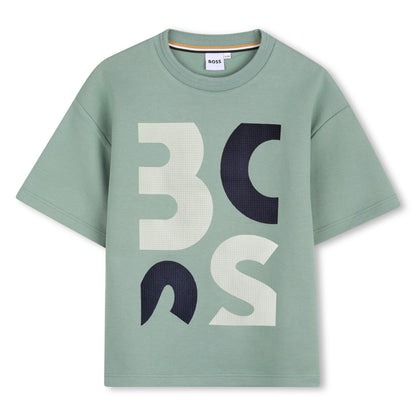 Boys Oversized Graphic Piqué T-Shirt in Sage Green Hugo Boss