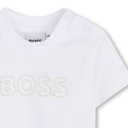 Baby Cardigan, T-Shirt, and Trousers Set in Beige and White Hugo Boss