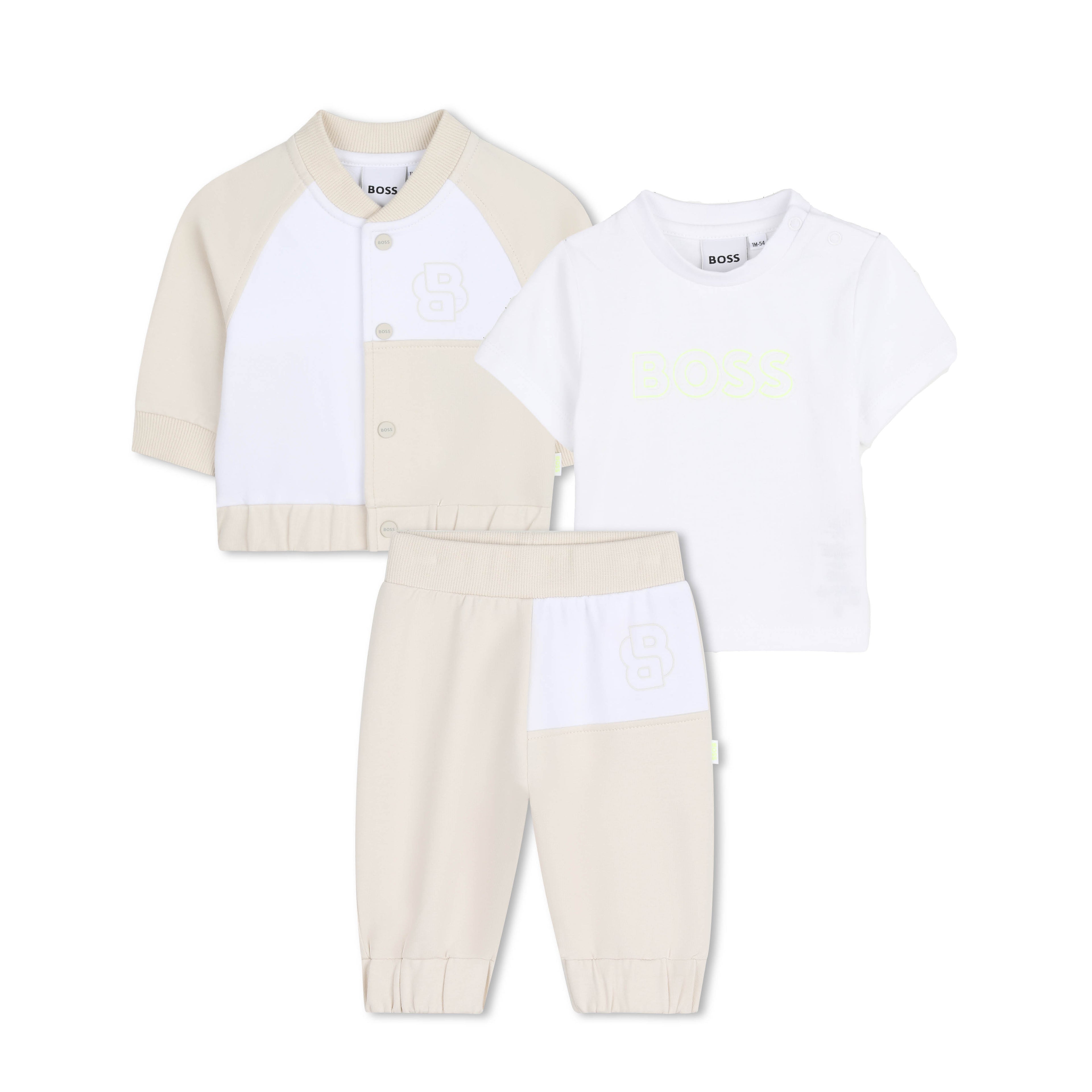 Baby Cardigan, T-Shirt, and Trousers Set in Beige and White Hugo Boss