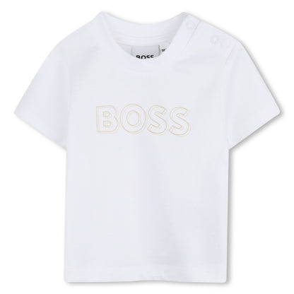 Baby Cardigan, T-Shirt, and Trousers Set in Beige and White Hugo Boss