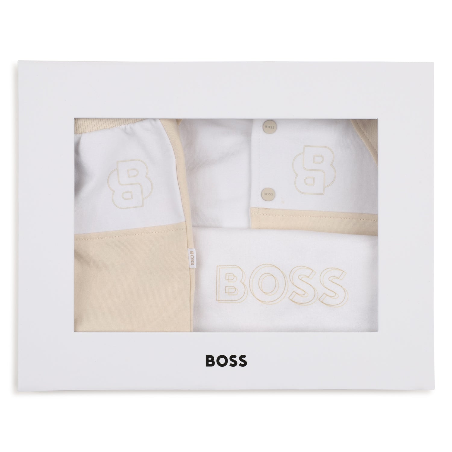 Baby Cardigan, T-Shirt, and Trousers Set in Beige and White Hugo Boss