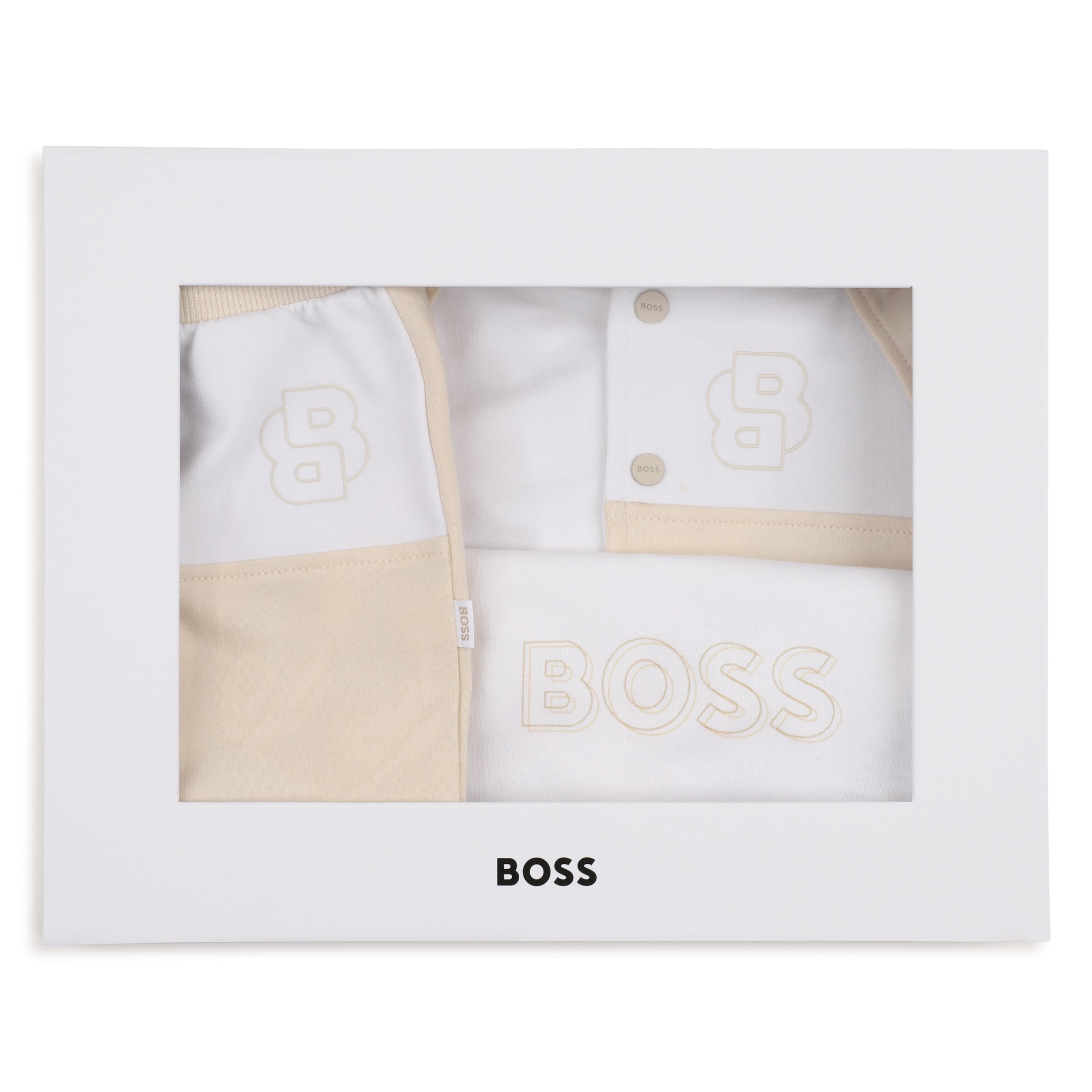Baby Cardigan, T-Shirt, and Trousers Set in Beige and White Hugo Boss