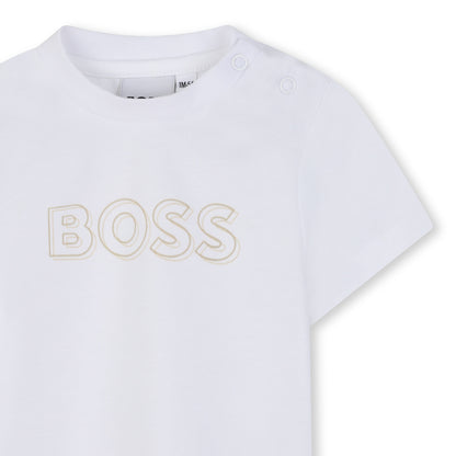 Baby Cardigan, T-Shirt, and Trousers Set in Beige and White Hugo Boss