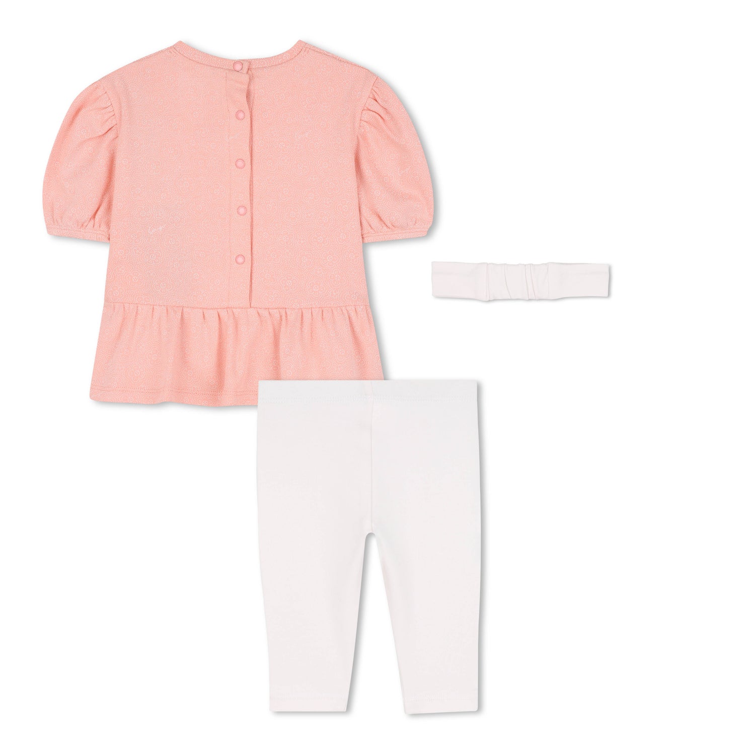 Baby pink dress, white leggings and matching headband set with embroidered detail