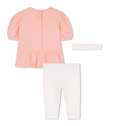 Baby pink dress, white leggings and matching headband set with embroidered detail