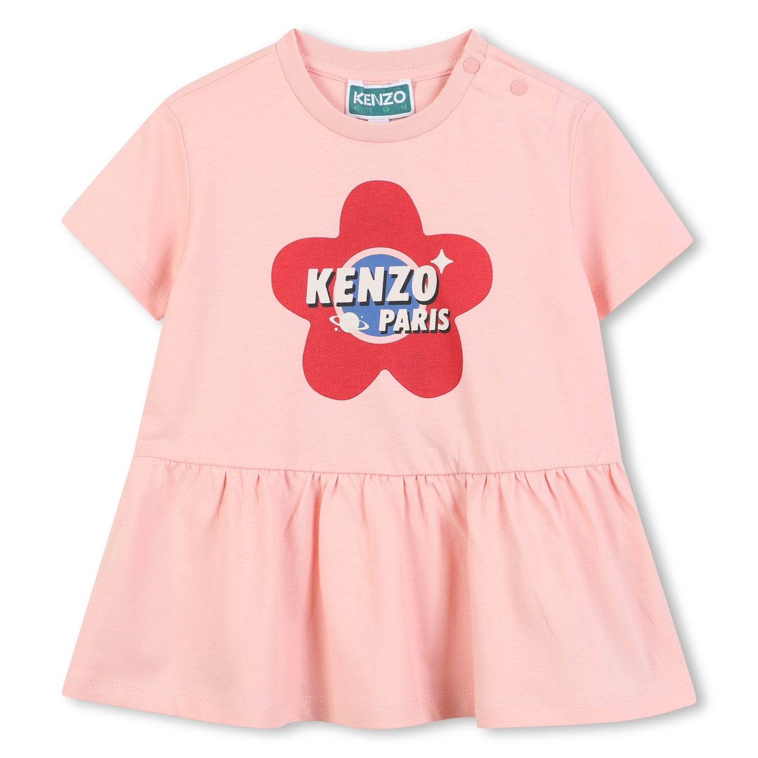 Baby pink organic cotton dress with gathered waist and logo print