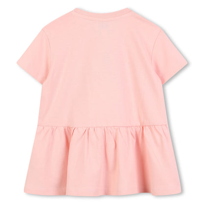 Baby pink organic cotton dress with gathered waist and logo print