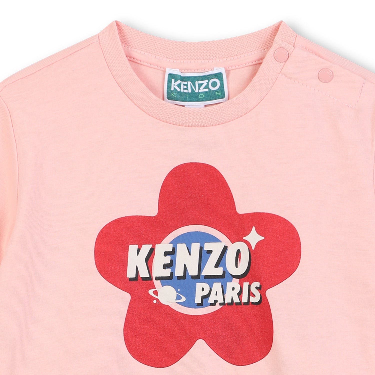 Baby pink organic cotton dress with gathered waist and logo print