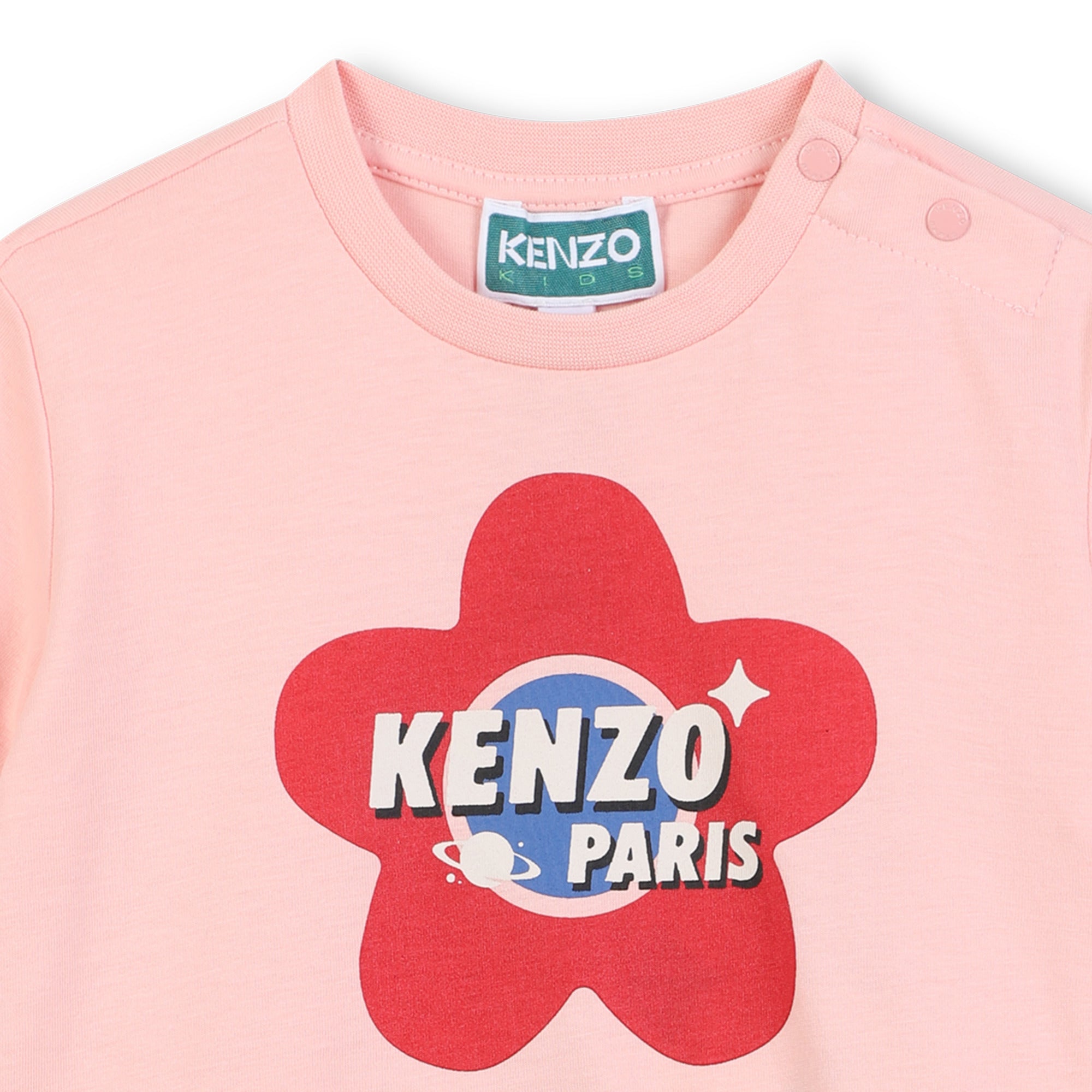 Baby pink organic cotton dress with gathered waist and logo print