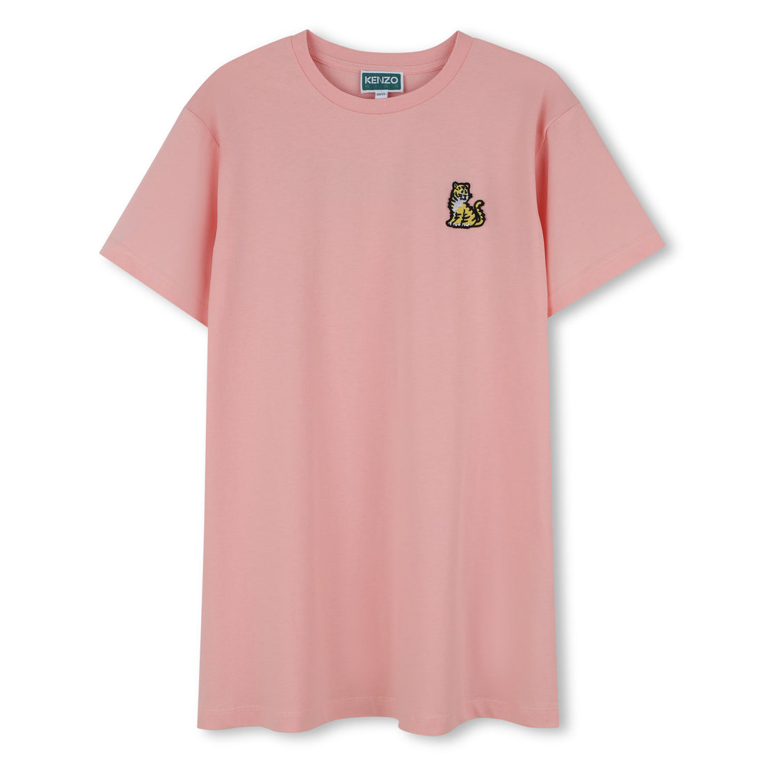 Kids pink organic cotton t-shirt dress with tiger badge and logo print