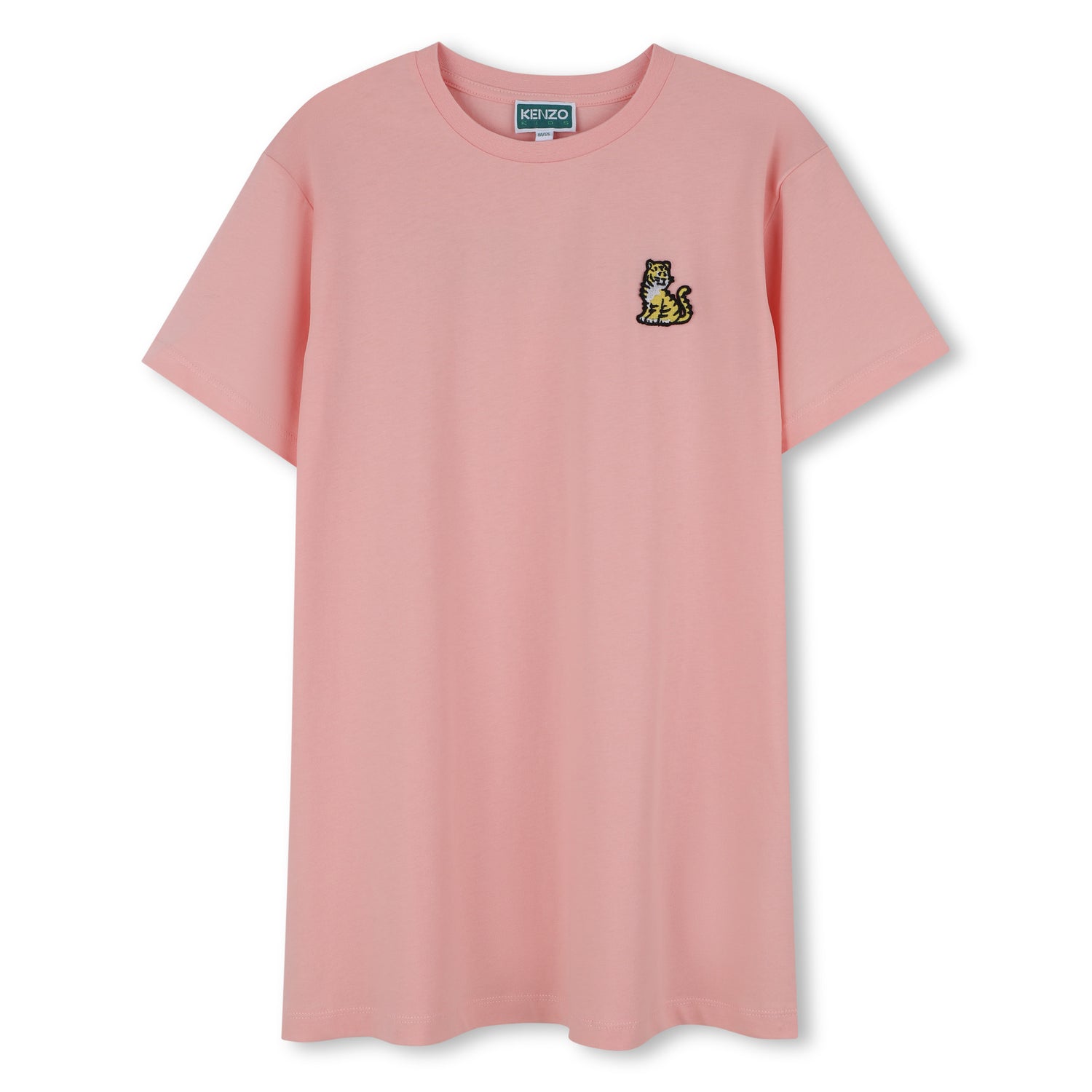 Kids pink organic cotton t-shirt dress with tiger badge and logo print