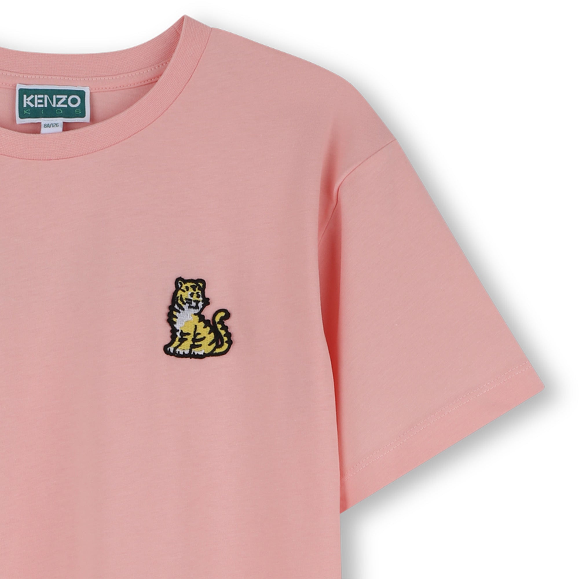 Kids pink organic cotton t-shirt dress with tiger badge and logo print
