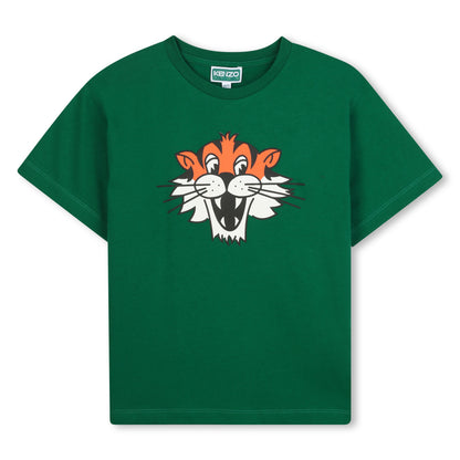 Kids green organic cotton oversized t-shirt with tiger face print