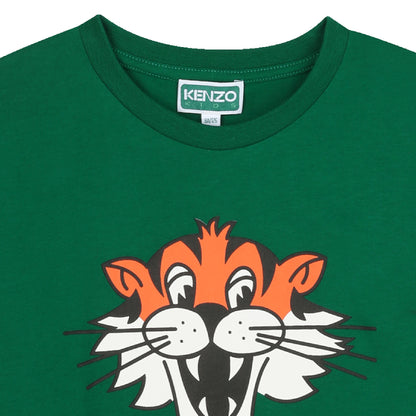 Kids green organic cotton oversized t-shirt with tiger face print