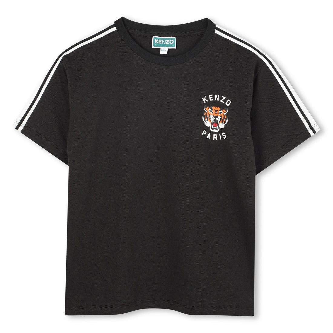 Black Short Sleeve Piqué Jersey T-Shirt with Embroidered Tiger and Contrast Sleeve Stripes