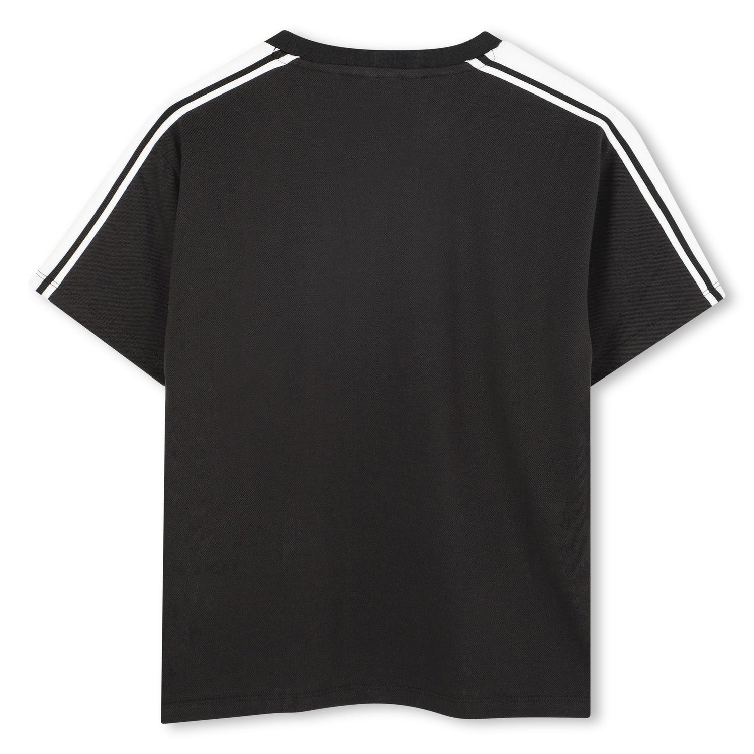 Black Short Sleeve Piqué Jersey T-Shirt with Embroidered Tiger and Contrast Sleeve Stripes