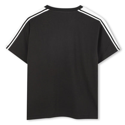 Black Short Sleeve Piqué Jersey T-Shirt with Embroidered Tiger and Contrast Sleeve Stripes