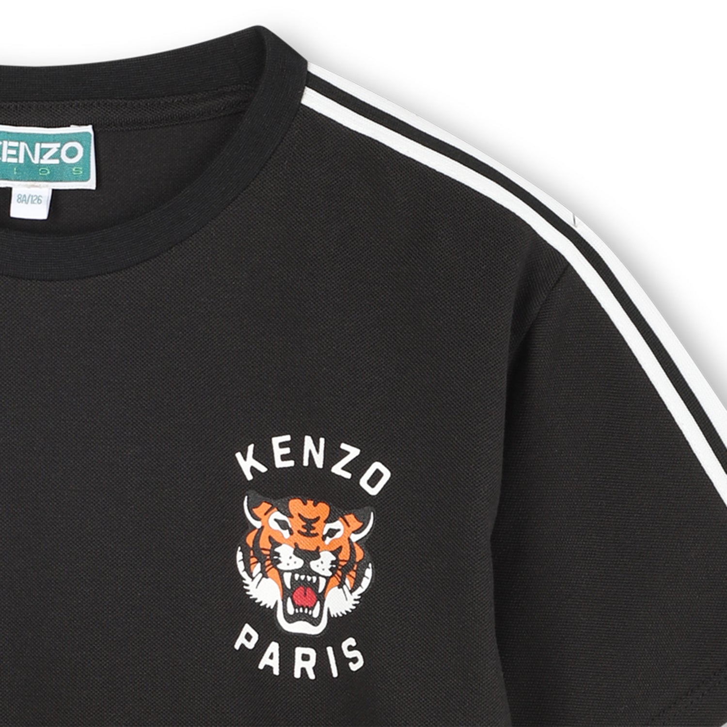 Black Short Sleeve Piqué Jersey T-Shirt with Embroidered Tiger and Contrast Sleeve Stripes