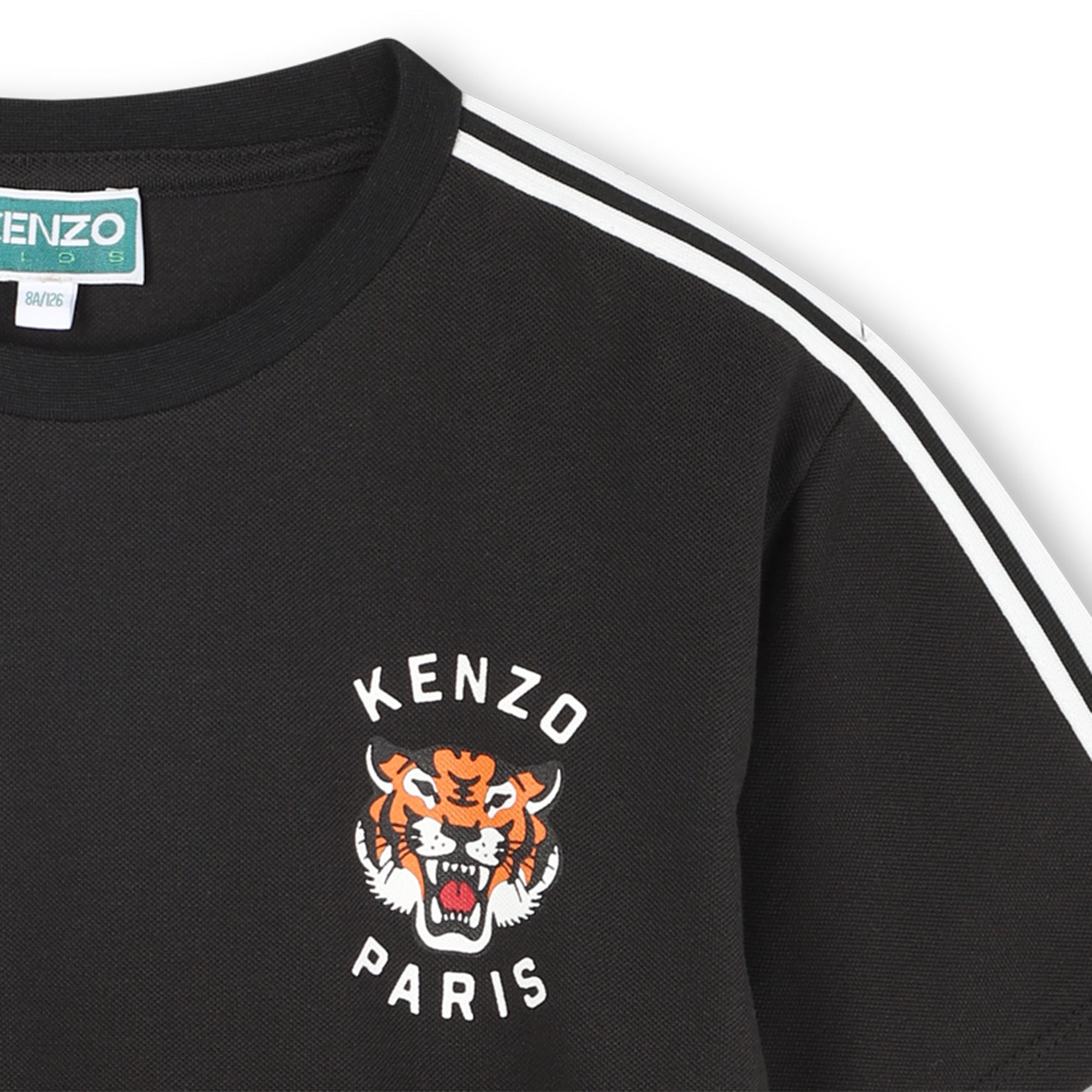 Black Short Sleeve Piqué Jersey T-Shirt with Embroidered Tiger and Contrast Sleeve Stripes